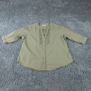 Coral Bay Blouse Shirt Womens 1X Green Henley 3/4 Roll Tab Linen Tunic Top